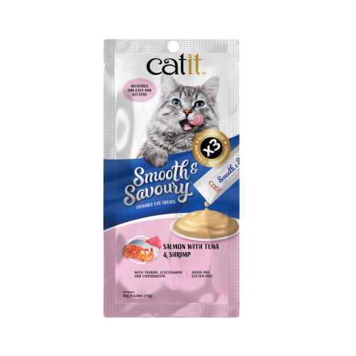 Catit 60g Smooth & Savoury ((Salmon with Tuna & Shrimp)) Lickable Cat Treats 三文魚+吞拿魚+蝦 鮮肉泥小食 (15克X4獨立包裝) (EXP: 3月/2028)