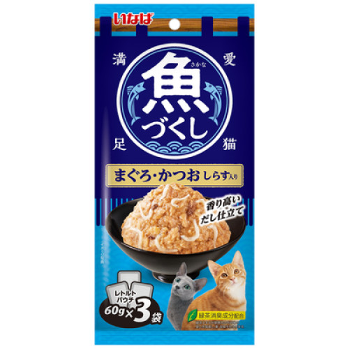 Inaba TCR-172 [魚盛] 吞拿魚+鰹魚 (加白飯魚) 袋裝貓濕糧 (60g X3) 