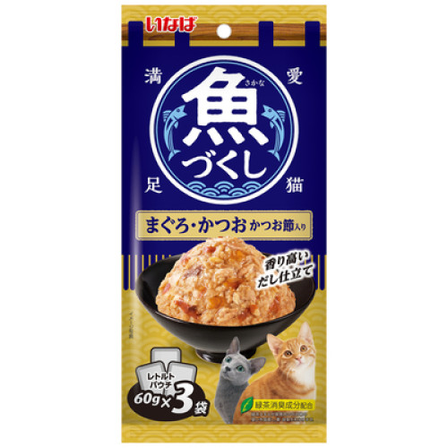 Inaba TCR-174 [魚盛] 吞拿魚+鰹魚(加鰹魚片) 袋裝貓濕糧 (60g X3) 