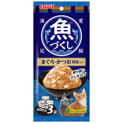 Inaba TCR-176 [魚盛] 吞拿魚+鰹魚 (加扇貝) 袋裝貓濕糧 (60g X3) 